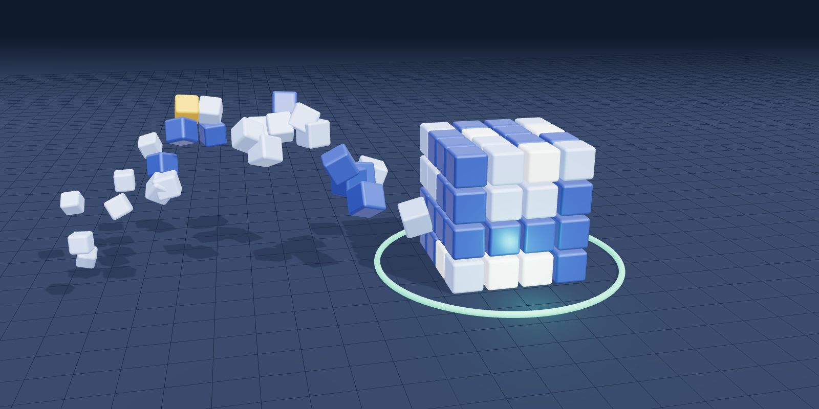 Illustration: loose blocks flying back into a complete cube that stands inside a green check ring.
